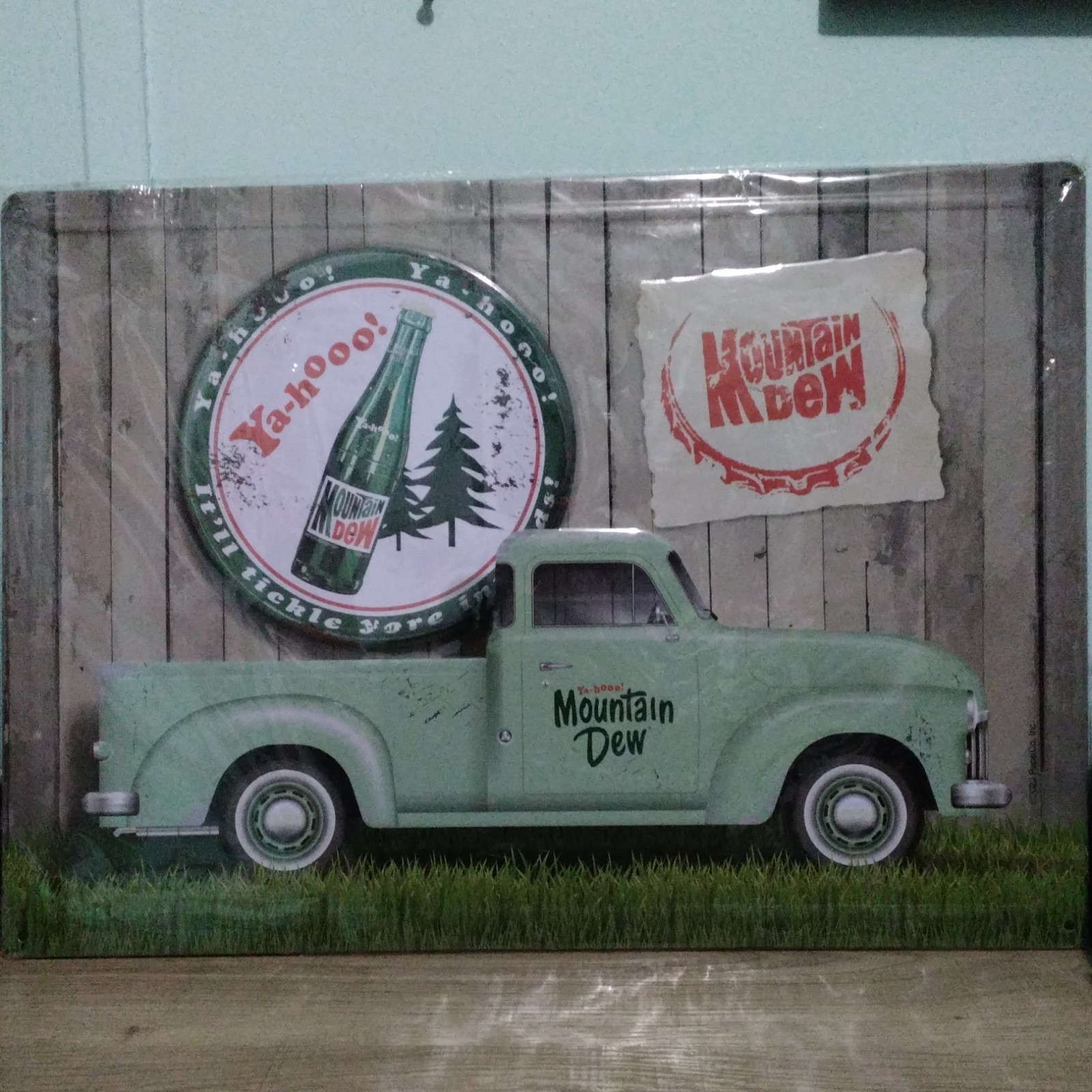 Mountain Dew Green Pickup Truck Design Advertising Metal Sign Soda Theme