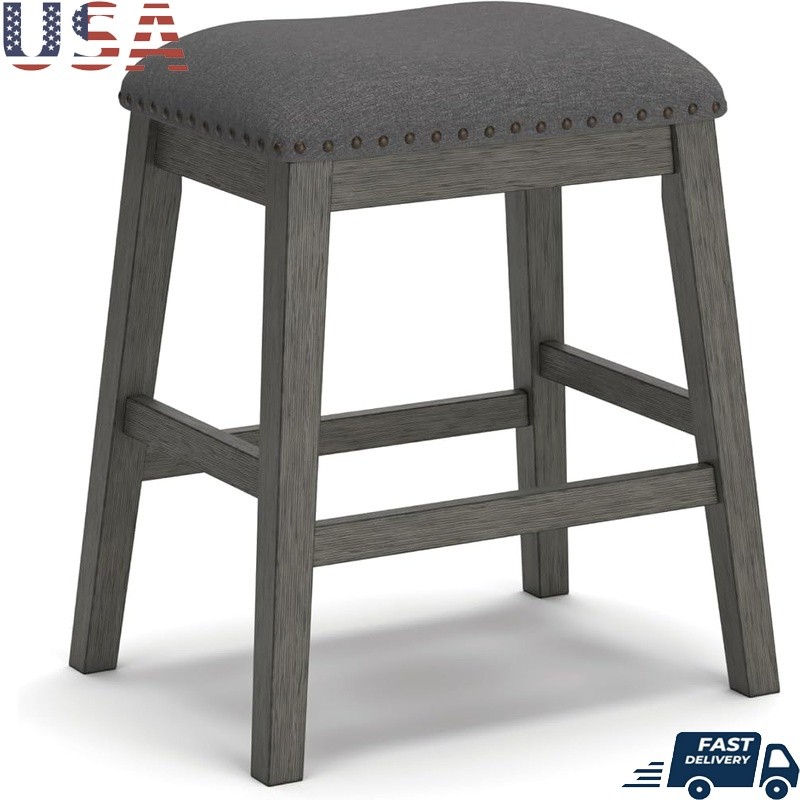 Counter Height Stools Set of 2 Polyester Upholstered Foam Cushioned Acacia Wood