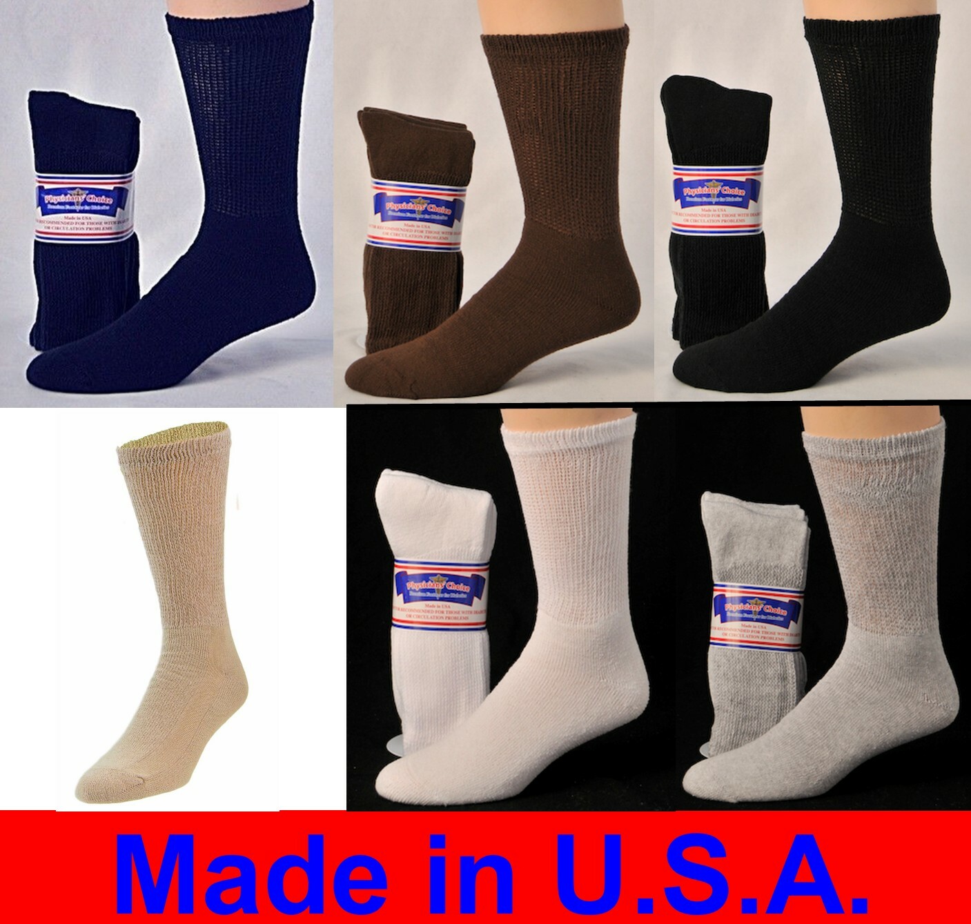 3 Pair Men's Diabetic Cushioned Crew Socks Sizes 9-15  MADE IN USA Asst. Colors