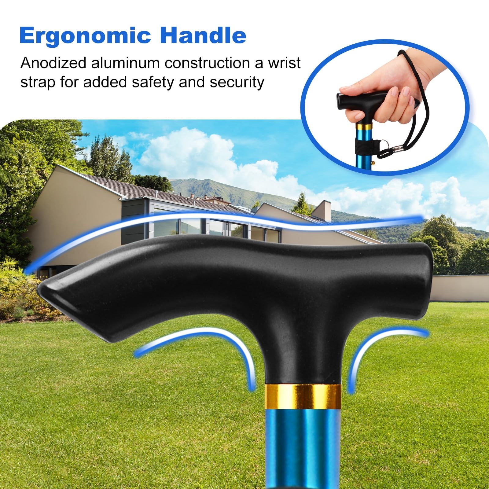 MFE Folding Cane, Portable 5-Level Adjustable Height Walking Stick with Blue