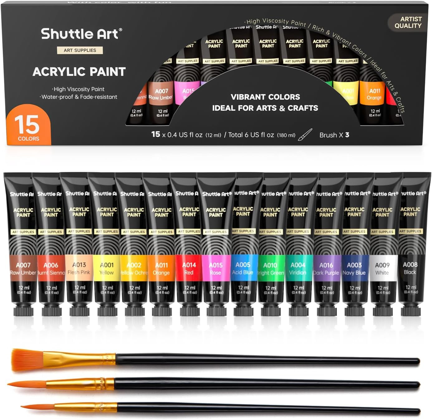 Acrylic Paint Set, 15 x 12ml Tubes Artist Quality Non Toxic Rich Pigments Colors