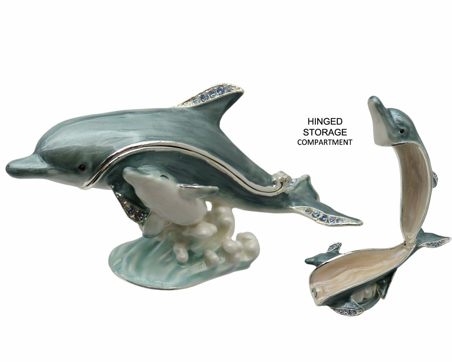 Dolphin & Baby Jeweled Trinket Box with Austrian Crystals, Light Blue
