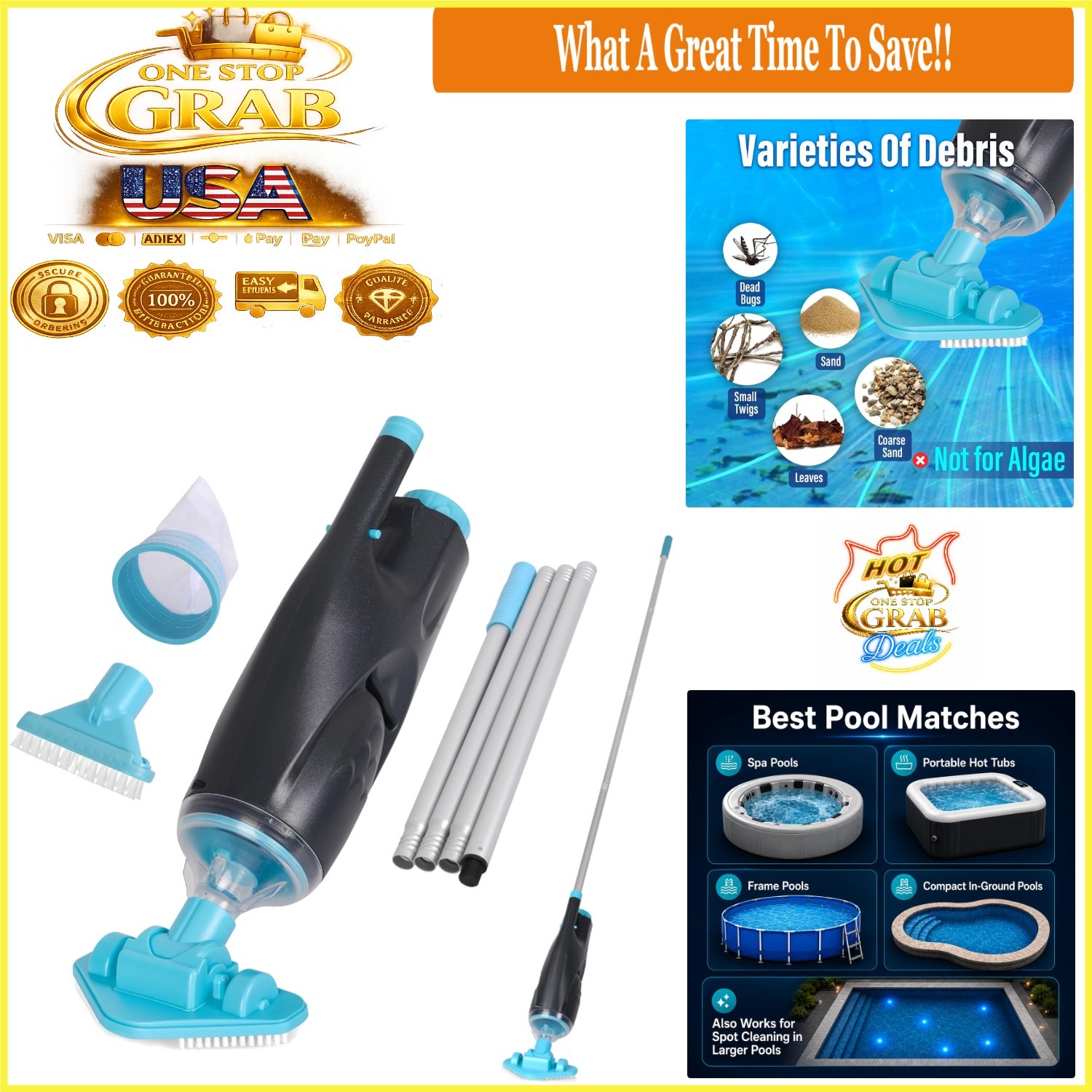 Cordless Pool Vacuum for Hot Tubs & Small Pools Rechargeable Up to 90 Min Blue