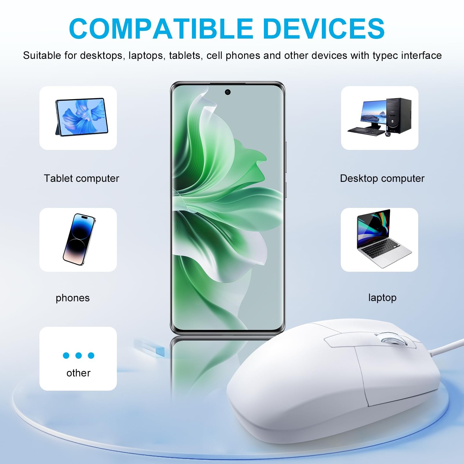 LOONASA USB C Wired Mouse, Type C Optical Portable Silent WiredWhite