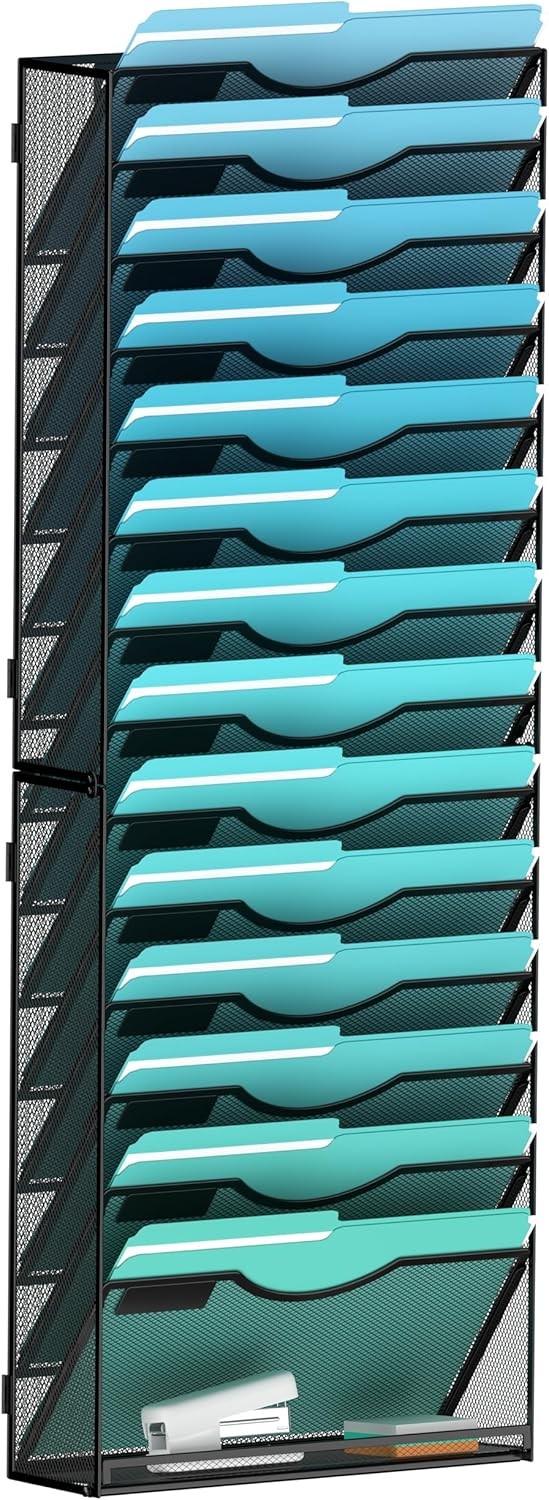 15-Tier Wall File Organizer Hanging Holder Mount 15-T, Black