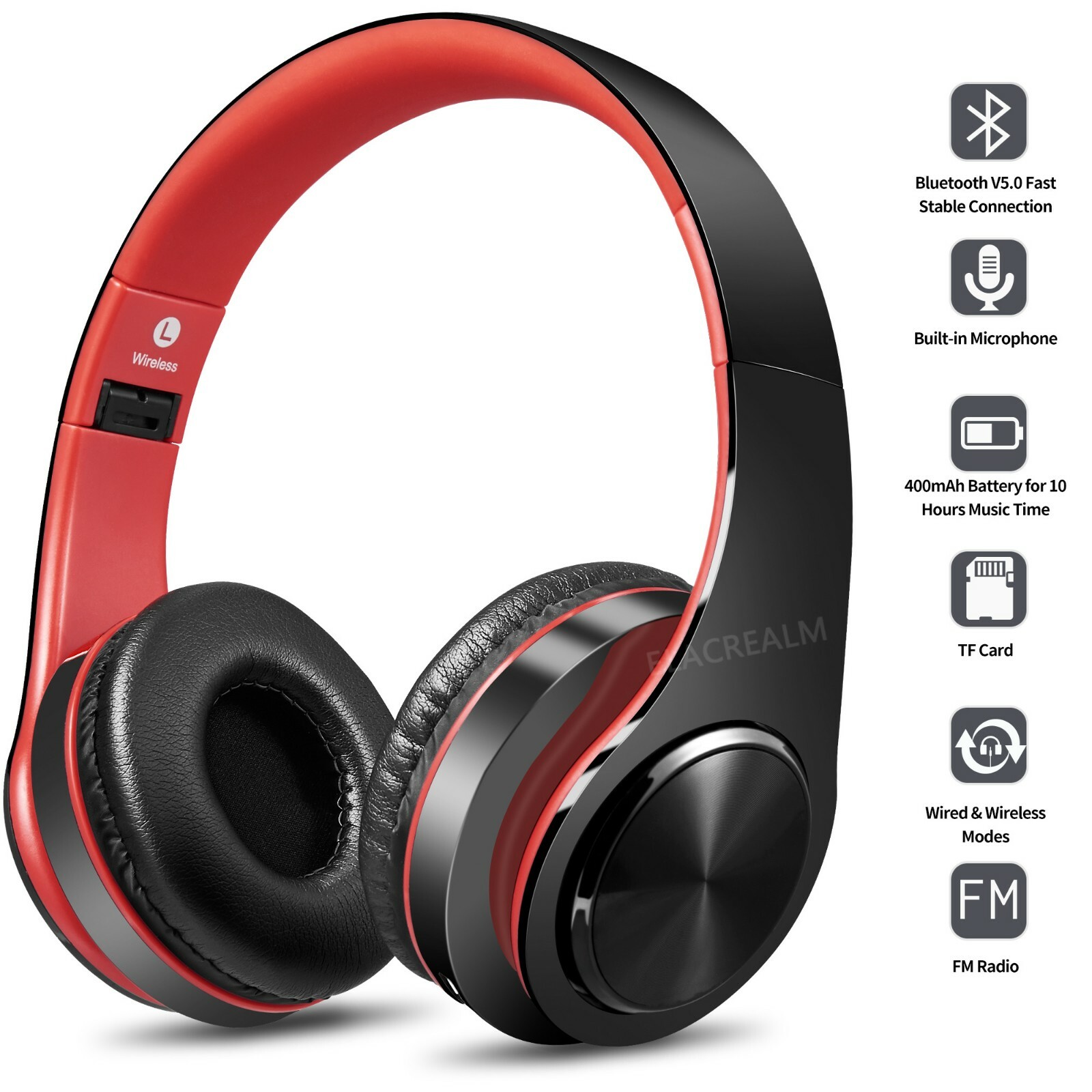 Red Wireless Hi-Fi Stereo Bluetooth Headphones Foldable Over Ear Headset PC TV