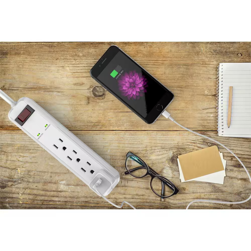 3 Ft. 4-Outlet Power Strip Surge Protector with 45 Degree Flat Angle Plug, White