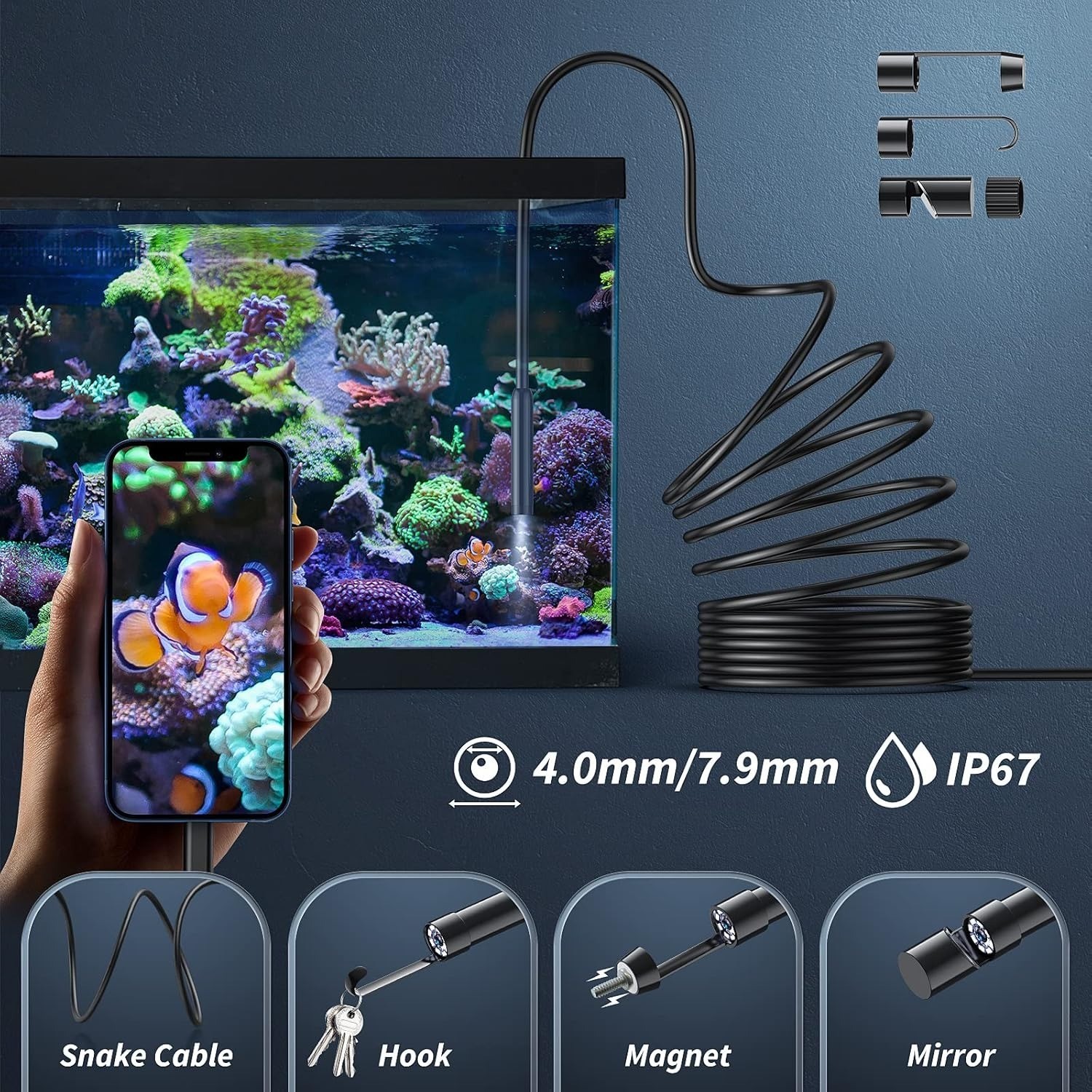 16.4ft HD Endoscope Camera 1920P Borescope Inspection Snake Tool iPhone Android