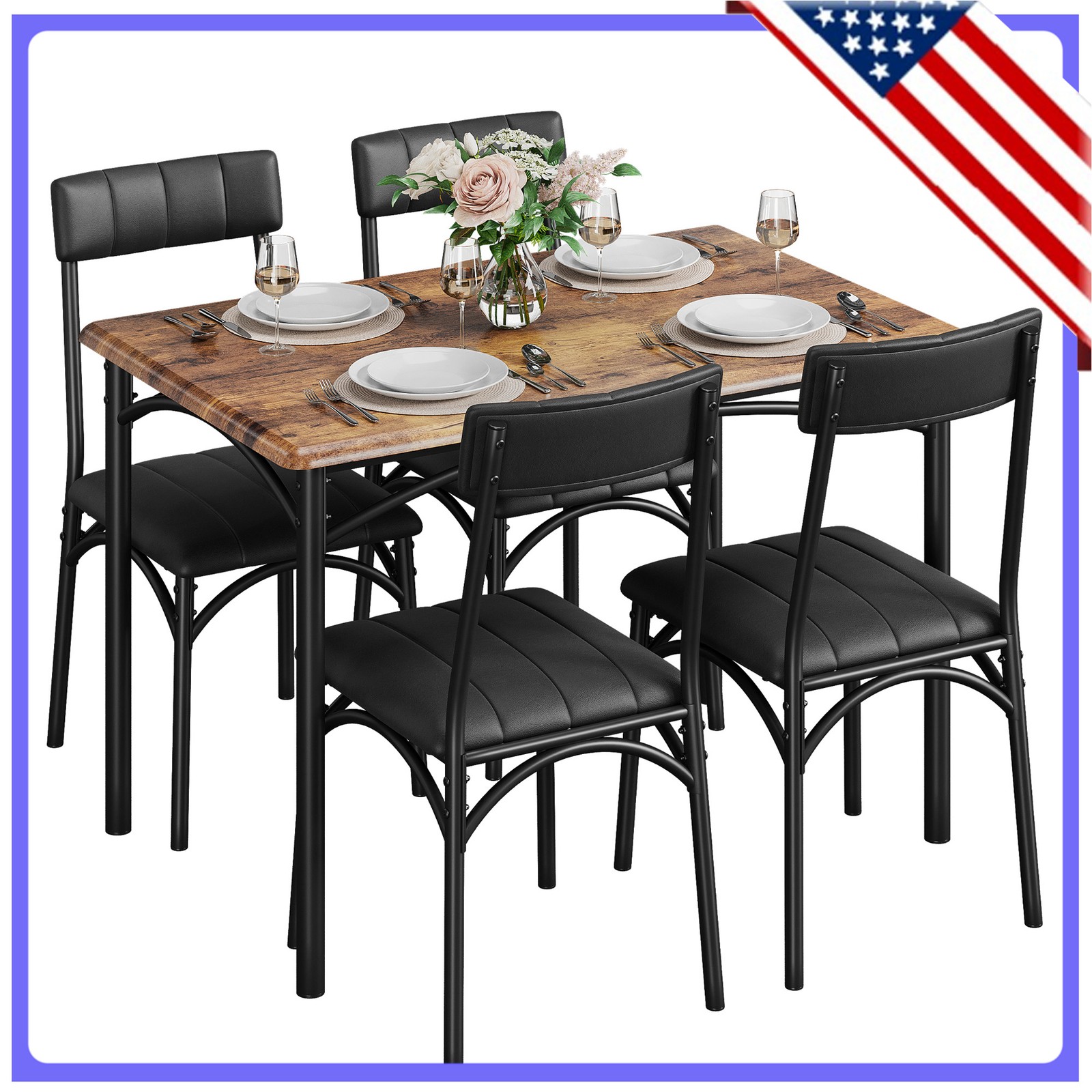 1+4 Padded Dining Set Desk and Table with 4 Upholstered Chairs Vintage Colour