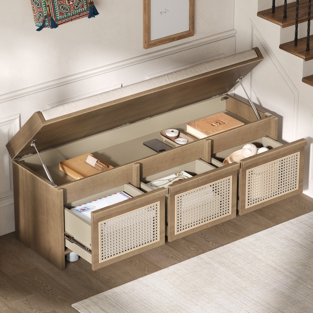 Entryway Shoe Bench, Retro Storage Bench with Rattan Drawers & Removable Button