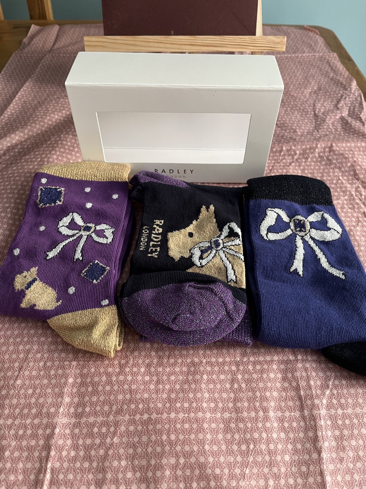 Radley set of 3 ladies socks-purple/blue - bows One Size UK 4-8 new in gift box