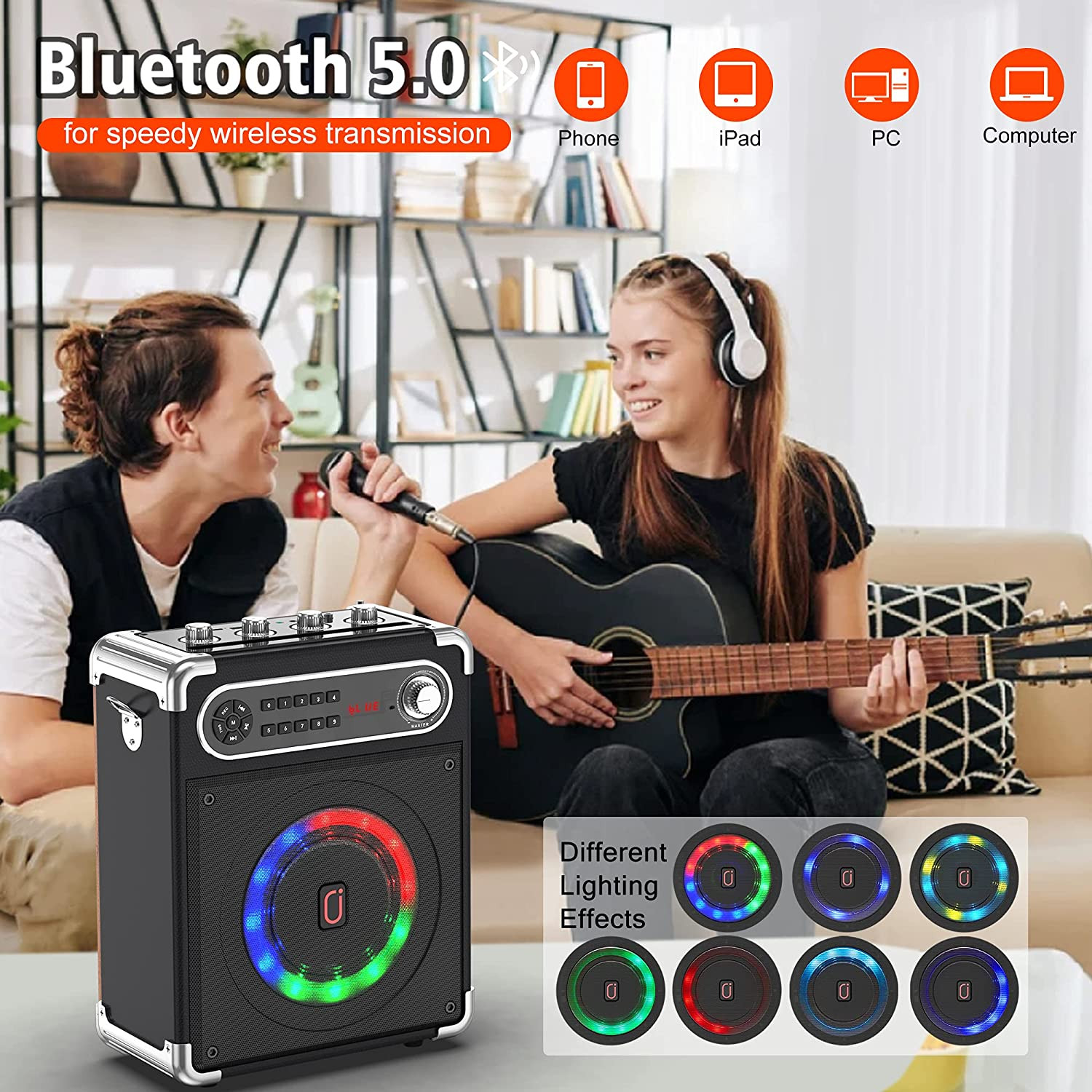 Karaoke Machine with Two Wireless Microphones, Portable Bluetooth Speaker with B