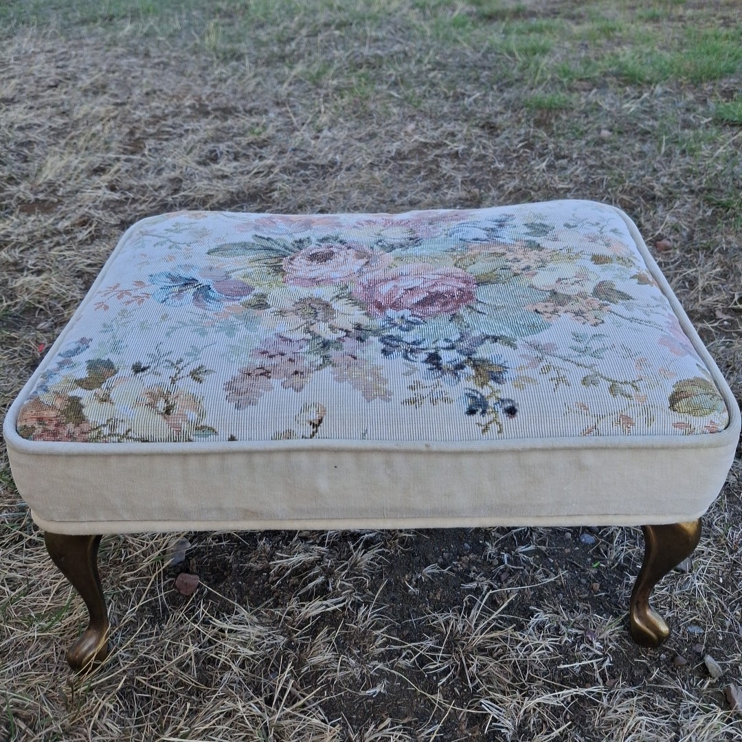 Elegant Tapestry Foot Stool With Brass Legs