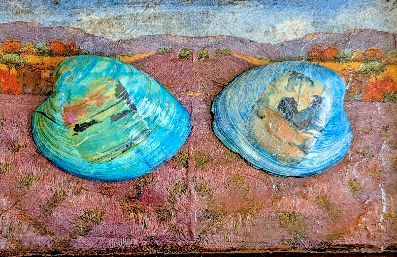 Set of 2 - Hand Painted Decoupage Quahog Seashells