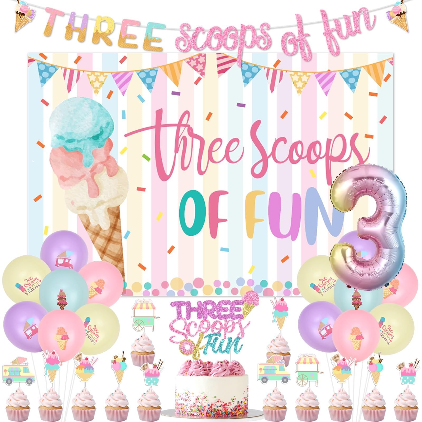 Jollyboom Three Scoops of Fun Birthday Decorations for Girls, Ice Cream 3rd B...