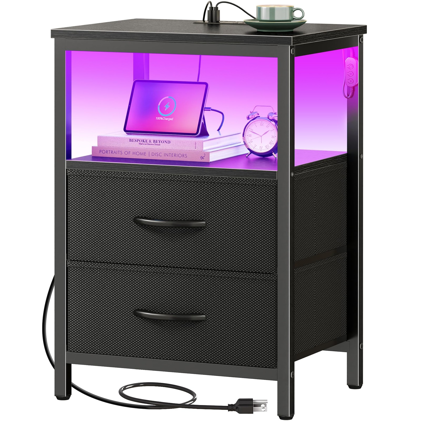 Huuger Night Stand with Charger 11.8"D x 15.7"W x 23.6"H（2 Drawers）, Black