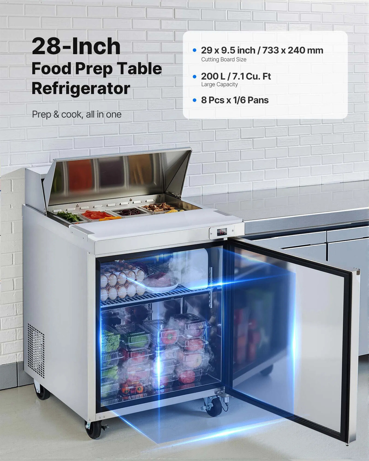 28"W Commercial Refrigerator, 7.1 Cu. Ft Sandwich Prep Refrigerated Table, Mega