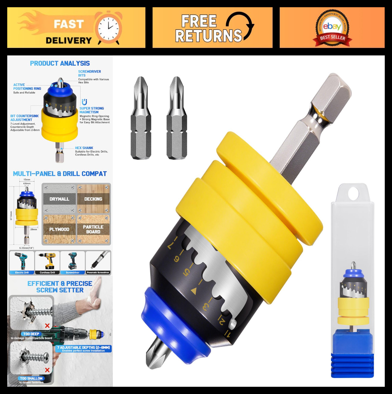 7-Level Adjustable Drywall Screw Setter with 2 Bits & Magnetic Holder - Converts