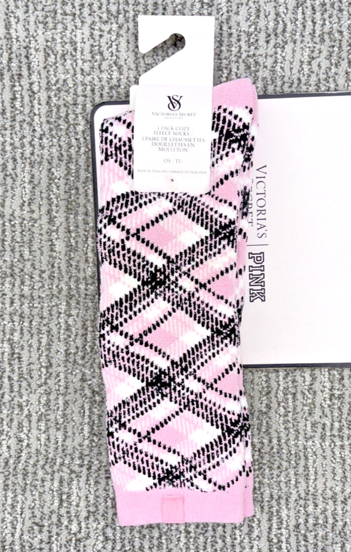 Victoria's Secret NWT Pink Plaid Cozy Fleece Socks Logo Grip Mid Calf Cute Soft