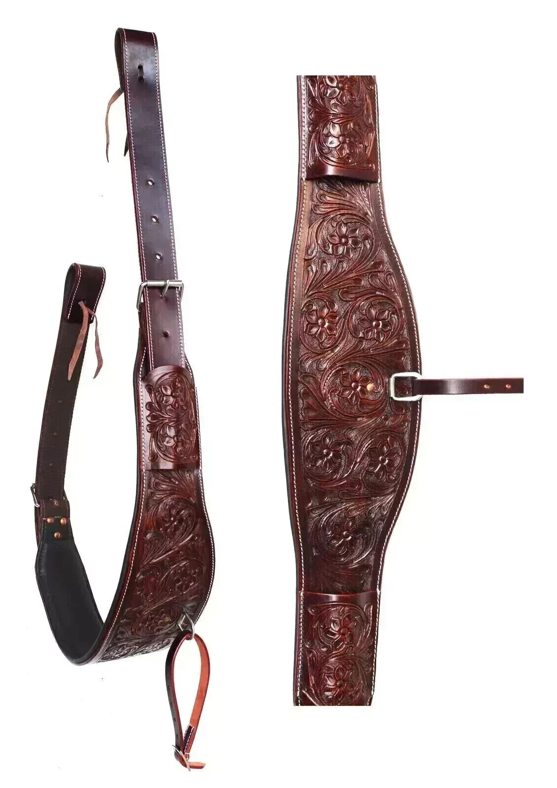 Horse Western Floral Tooled Leather Rear Flank Cinch For Saddle .