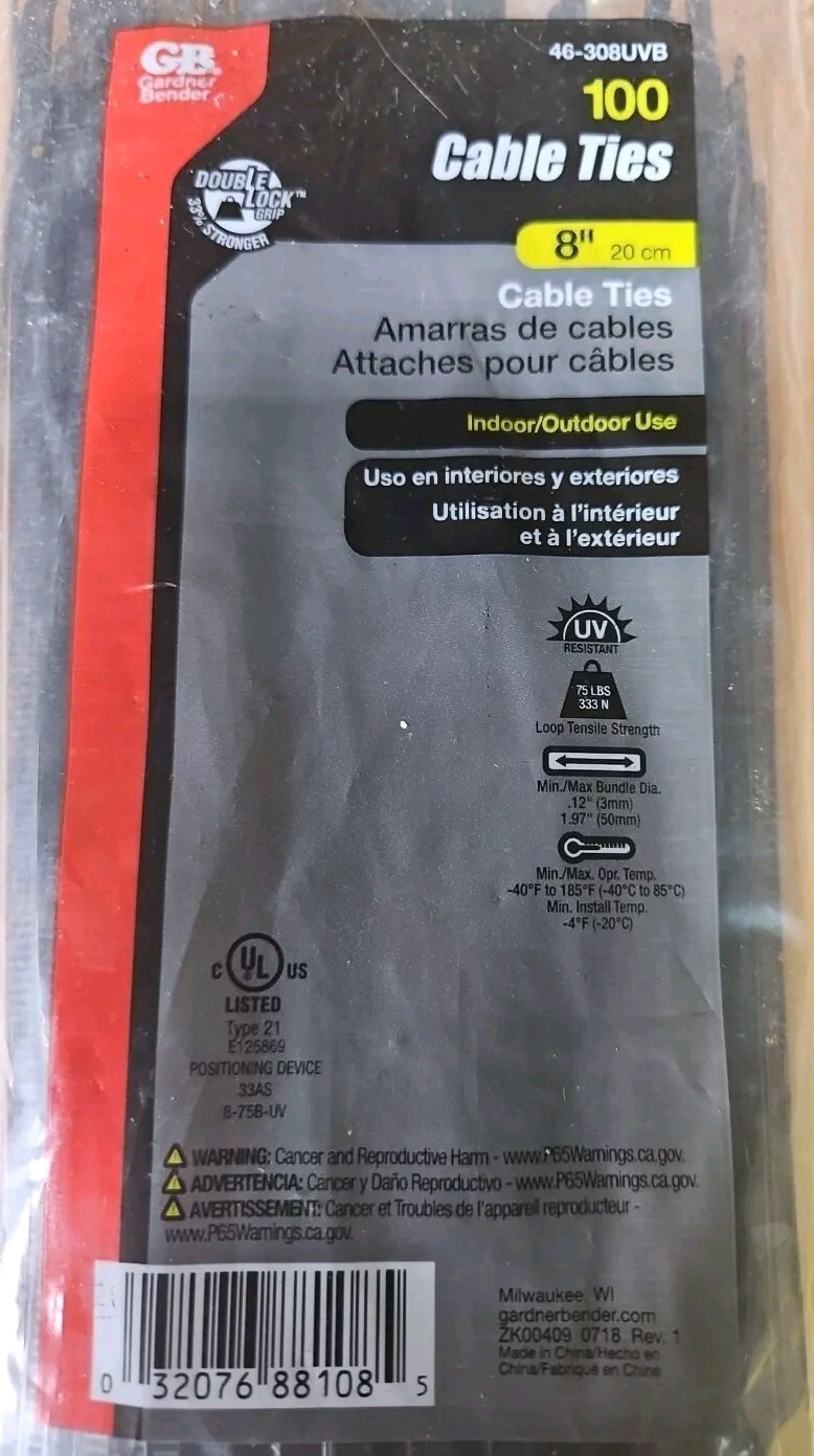 GB 46-308UVB Cable Tie, Double-Lock 75 Lbs. Locking, 6/6 Nylon, Black - pk- 100