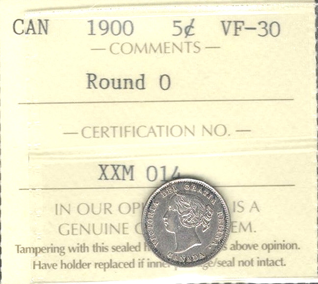 1900 ROUND 0 Five Cents Silver ICCS VF-30 SCARCE Variety HIGH Grade Victoria 5¢