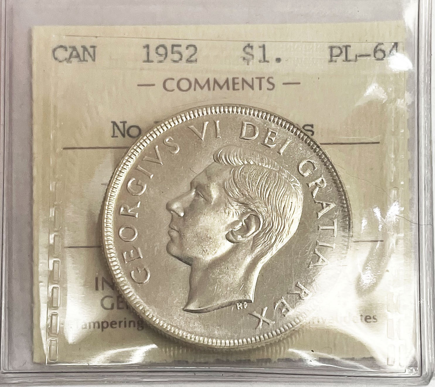 1952 SILVER CANADA $1 DOLLAR GEORGE VI "NO WATER LINES" COIN ICCS PROOF LIKE 64