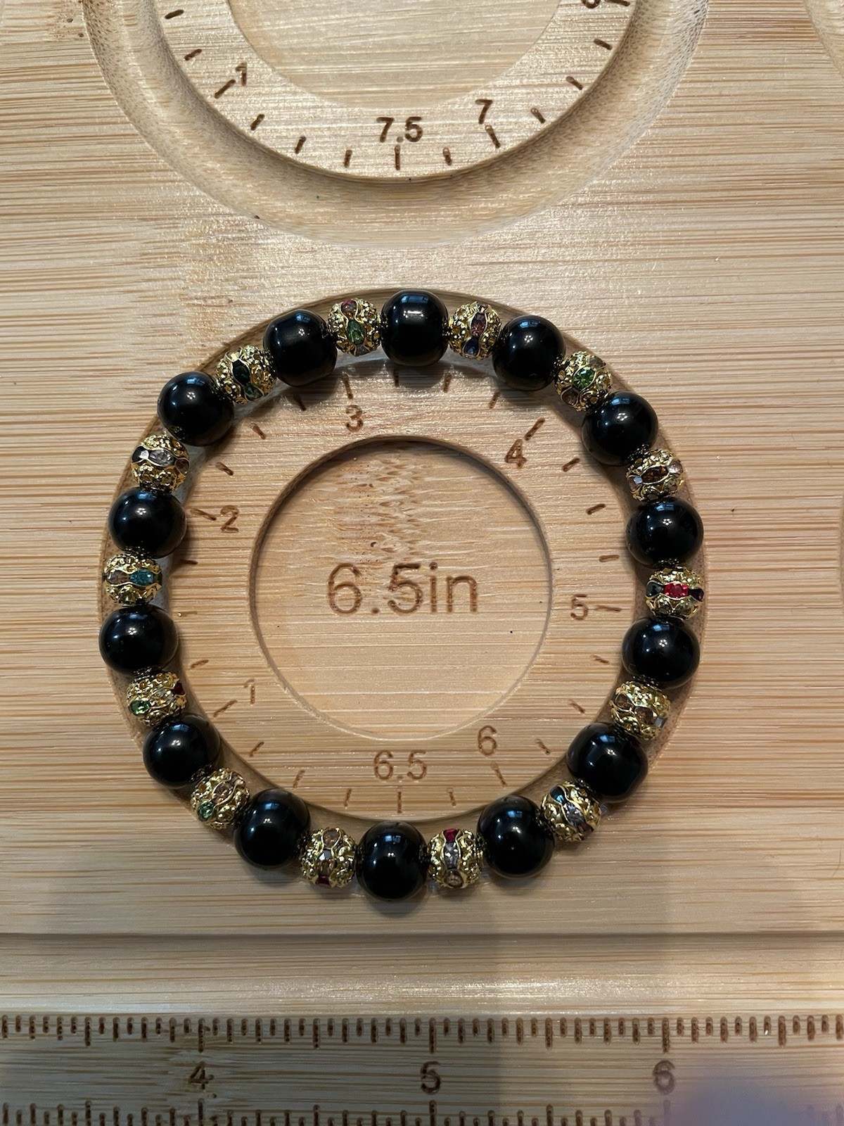 Beautiful Handmade Black & Gold Glass Crystal Bead Bracelet