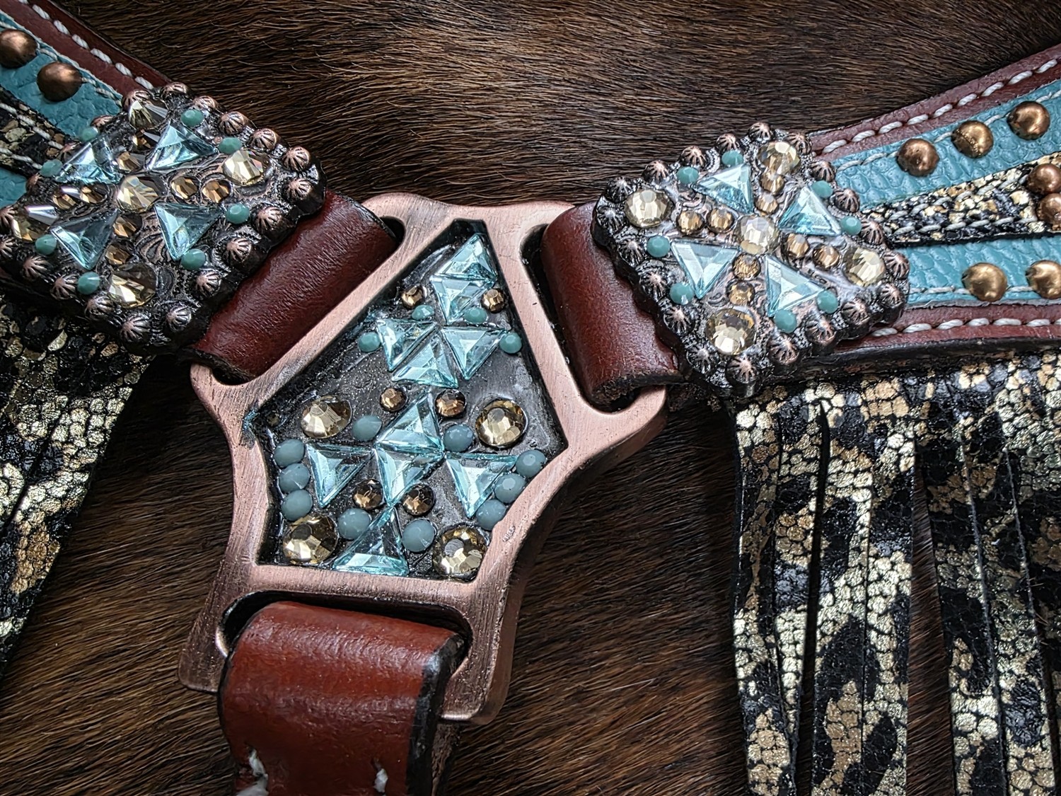 Western Headstall - Fringed Breastcollar - Reins - Metallic Leopard - Turquoise