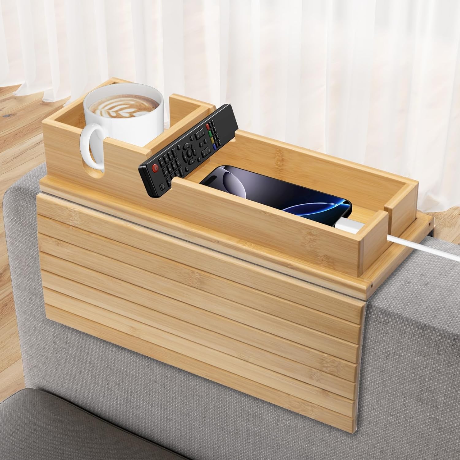 Bamboo Sofa Armrest Tray Couch Arm Tray W/ Detachable Couch Cup Holder 2 in 1