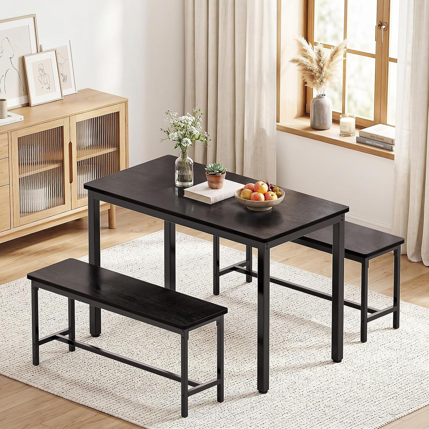 Dining Table Set for 4, Kitchen Table with 2 Benchs, Black | Modern Functional 3