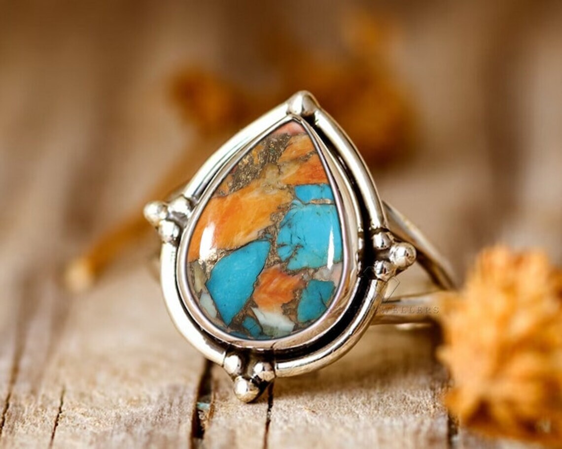 Oyster copper turquoise Gemstone 925 Sterling Silver Handmade Ring All Size