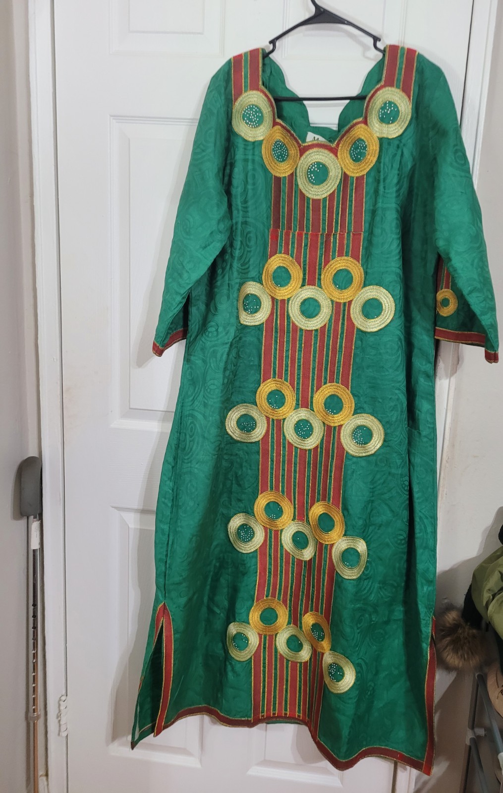Green  Original Nigerian Dress for Women with Gold, Yellow & Red Embroidery