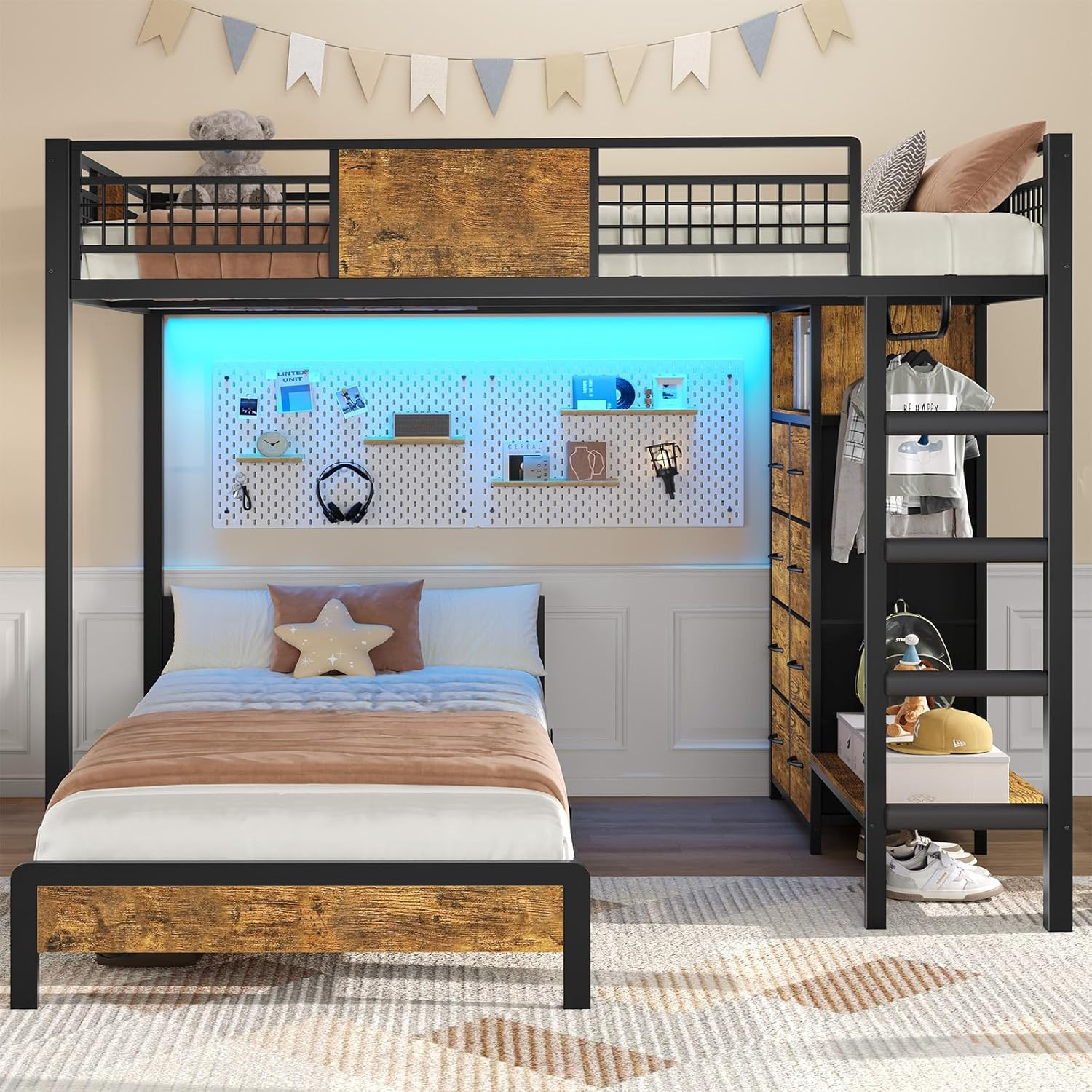 ADORNEVE Full over Twin Bunk Bed with 8 Storage Drawers, Metal Loft Bed with Led
