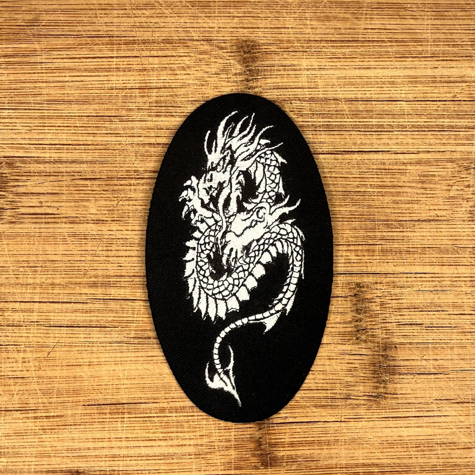 Chinese Dragon Martial Arts Style White on Black 4.5x2.5 inches Embroidered