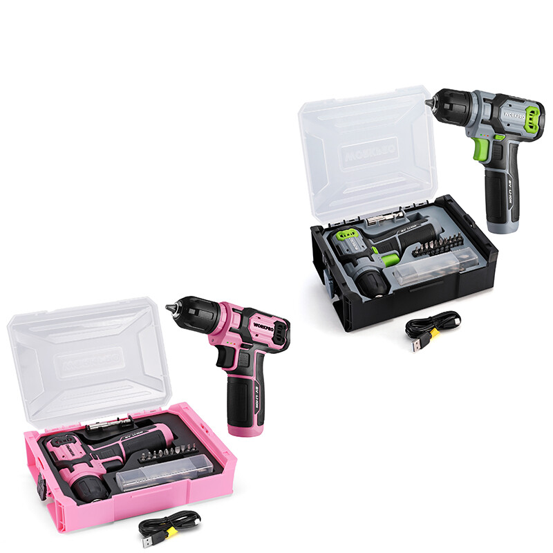 WORKPRO Power Drill Set&Stackable Tool Box, 8V Cordless Drill Driver Pink /Gray