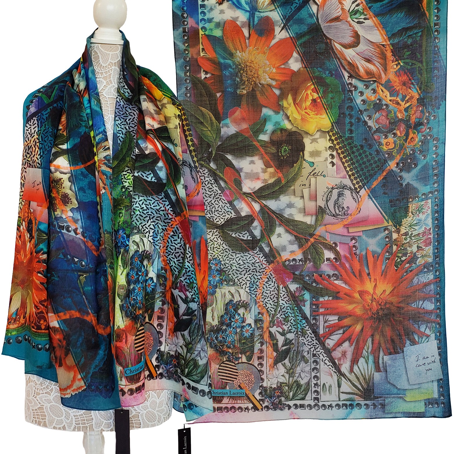 CHRISTIAN LACROIX SCARF WOOL LOVE NOTES FLORAL PRINT FOULARD LONG 69" x 26"