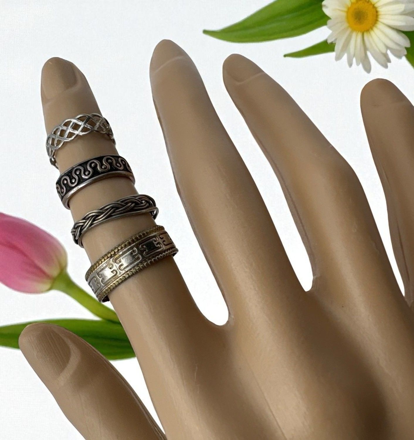 Silver Tone Toe Rings Set Of 4 Engraved & Braided Designs Adjustable Boho