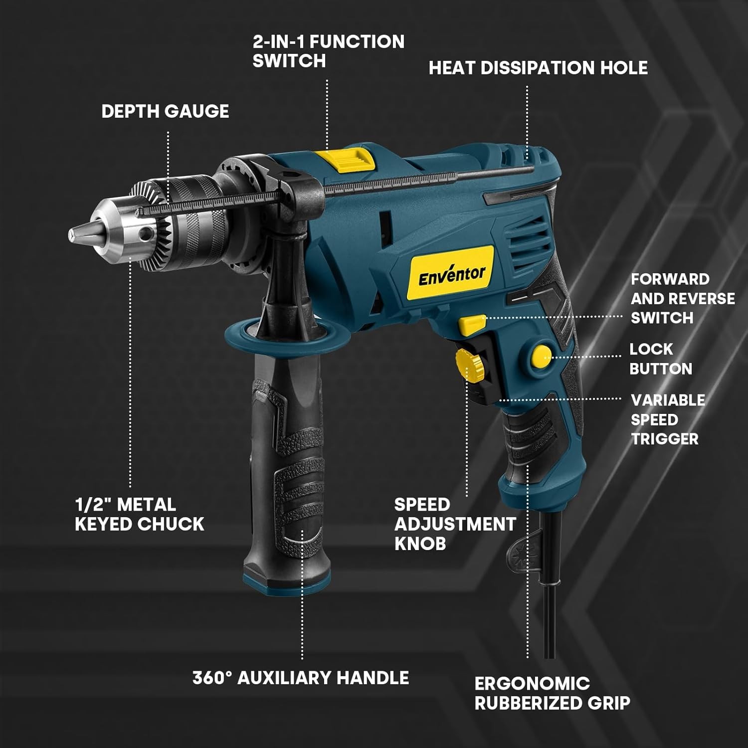 7.5 Amp Electric Hammer Drill with 2-in-1 Function, 900W, 360° Handle & 9 Bits