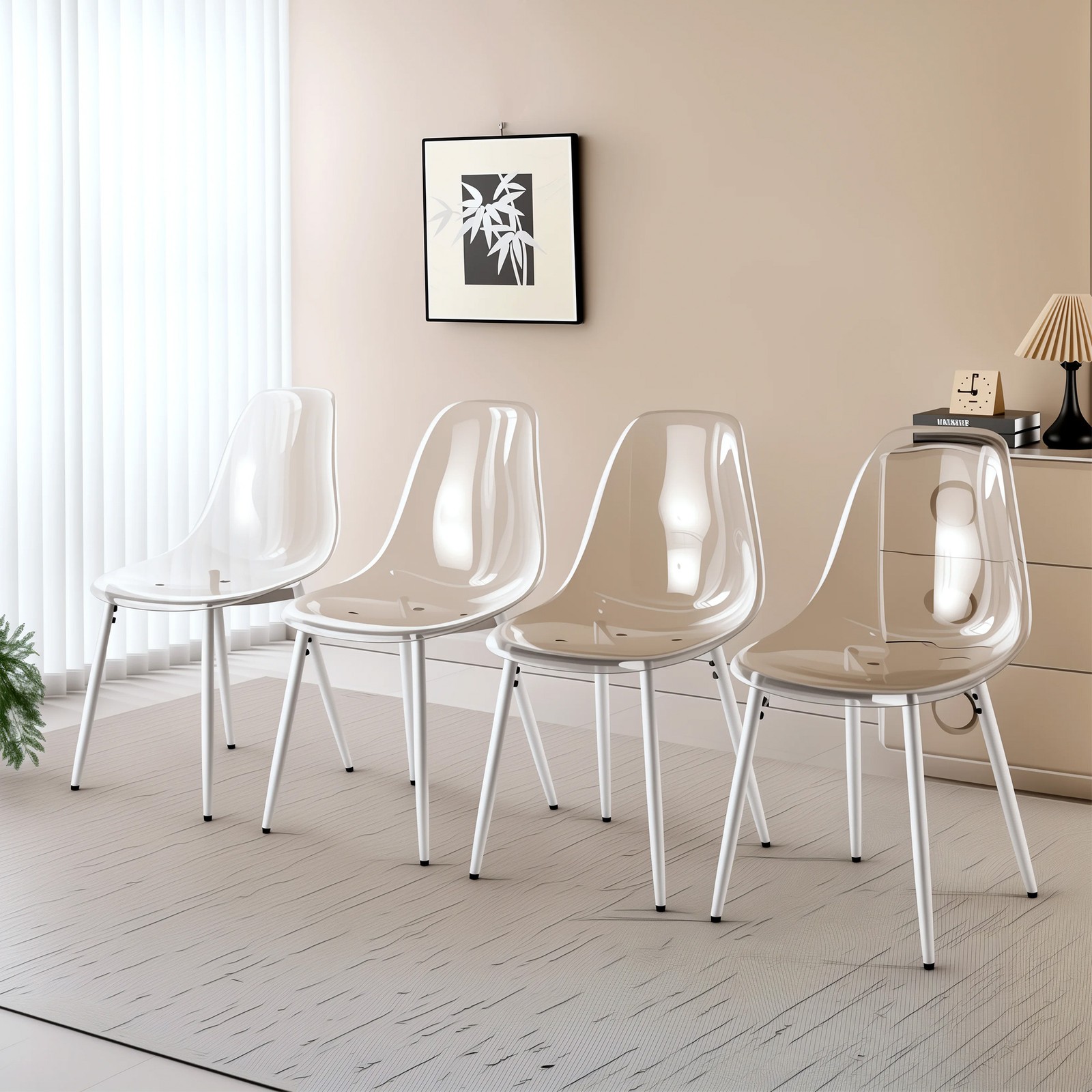 4PCS Matte White Dining Chair Modern Transparent Design Kitchen Chair