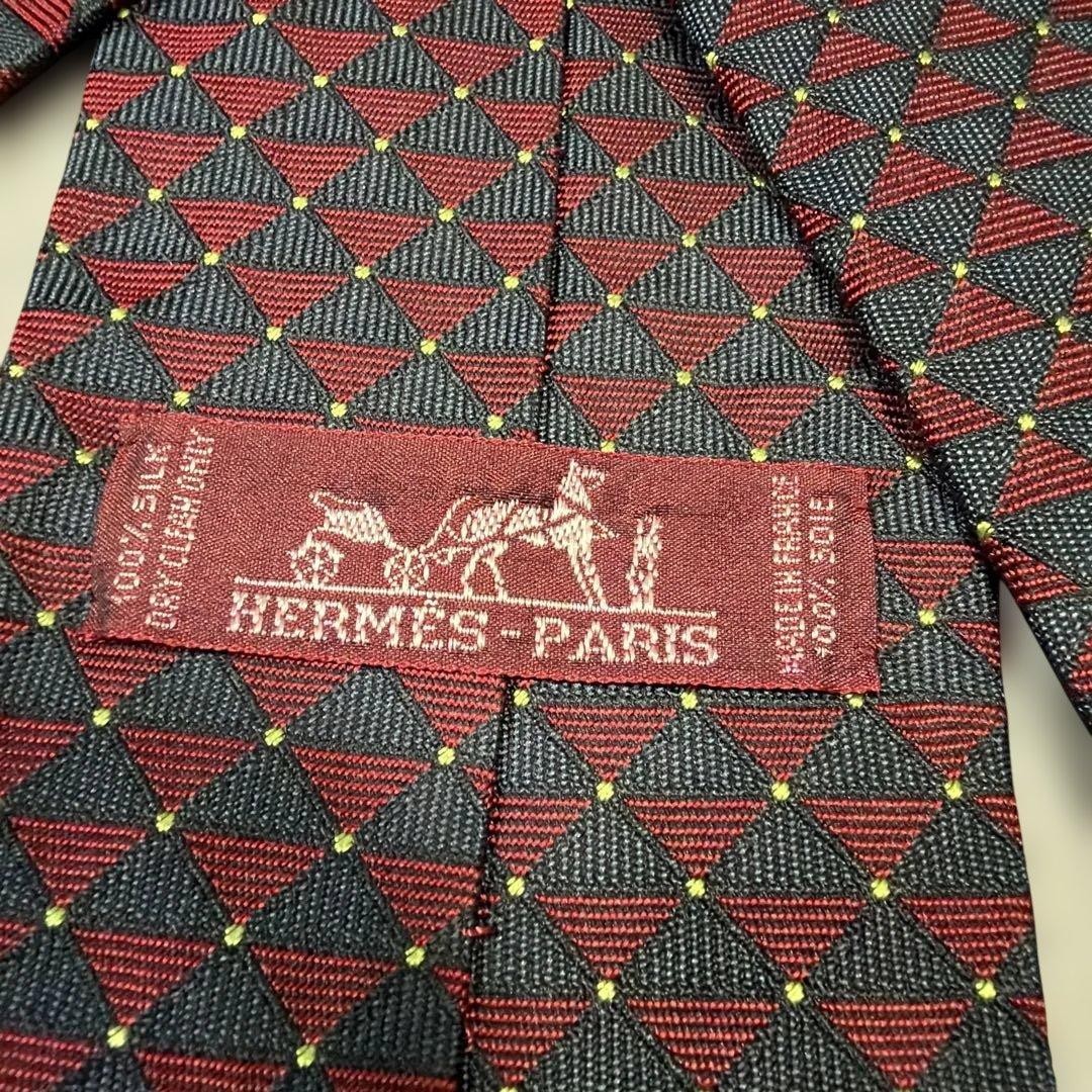 HERMES Silk Tie Red Navy Diamond Pattern