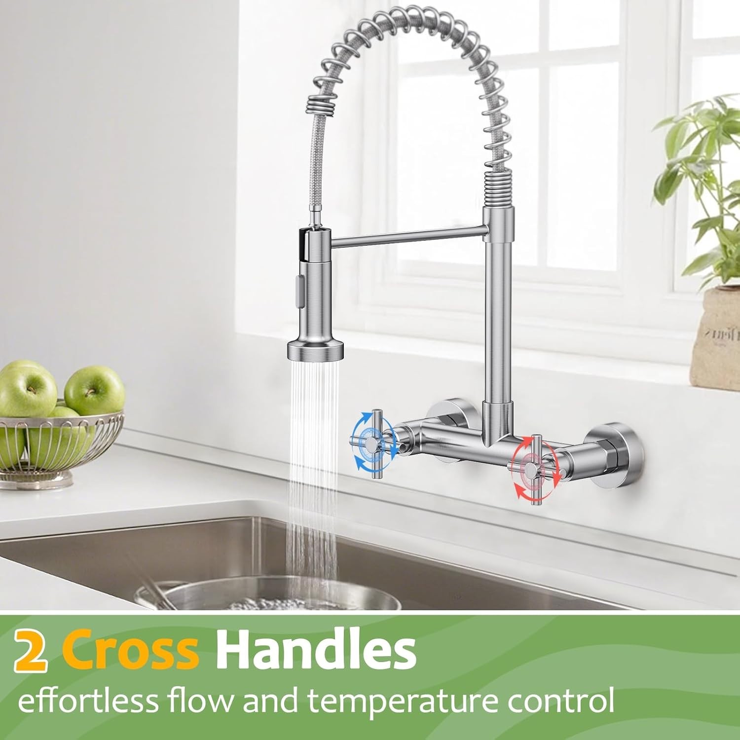 Commercial 8 Inch 2 Handle Wall Mount Kitchen Sink Faucet with Pull Down Sprayer