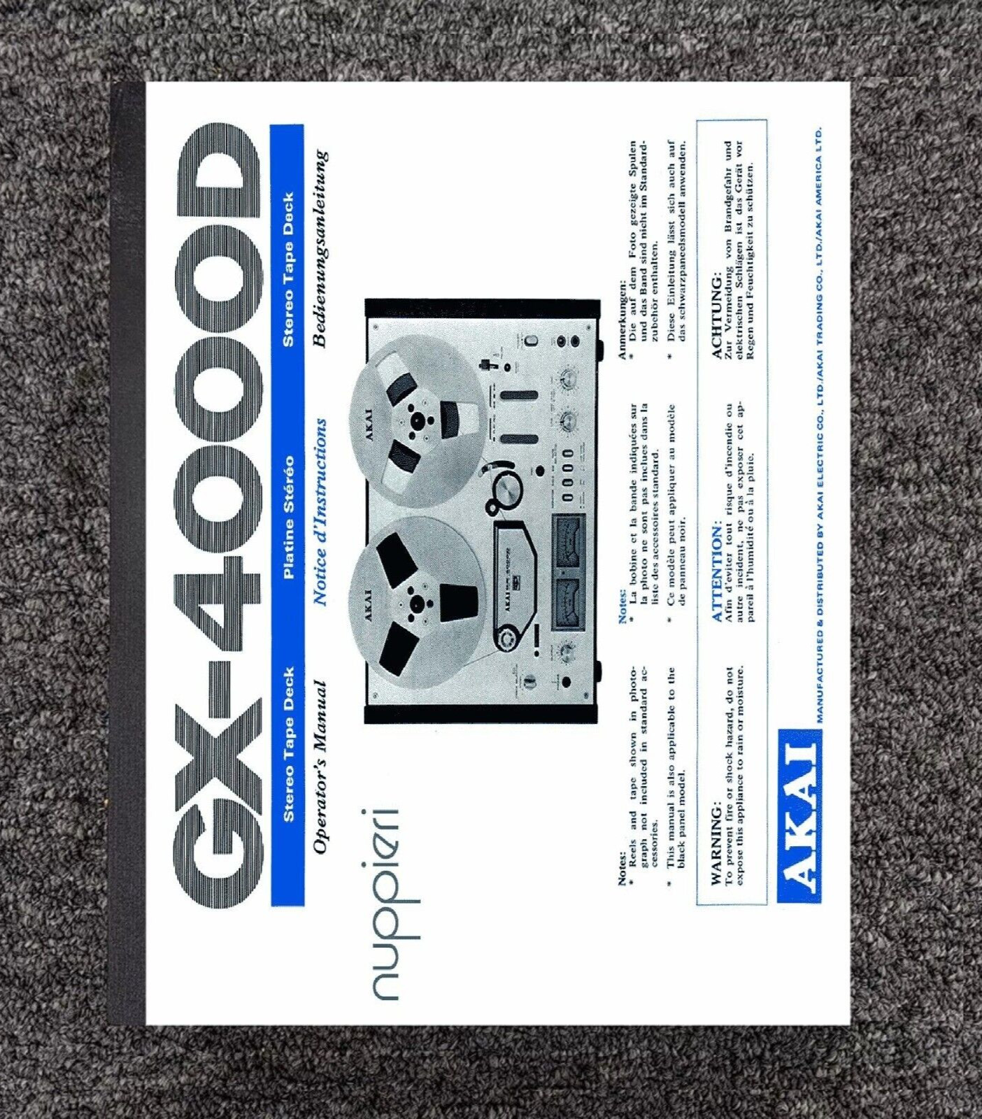 4000 Owner's Operator INSTRUCT Manual Fits Akai GX-4000D Reel to Reel Tape Deck