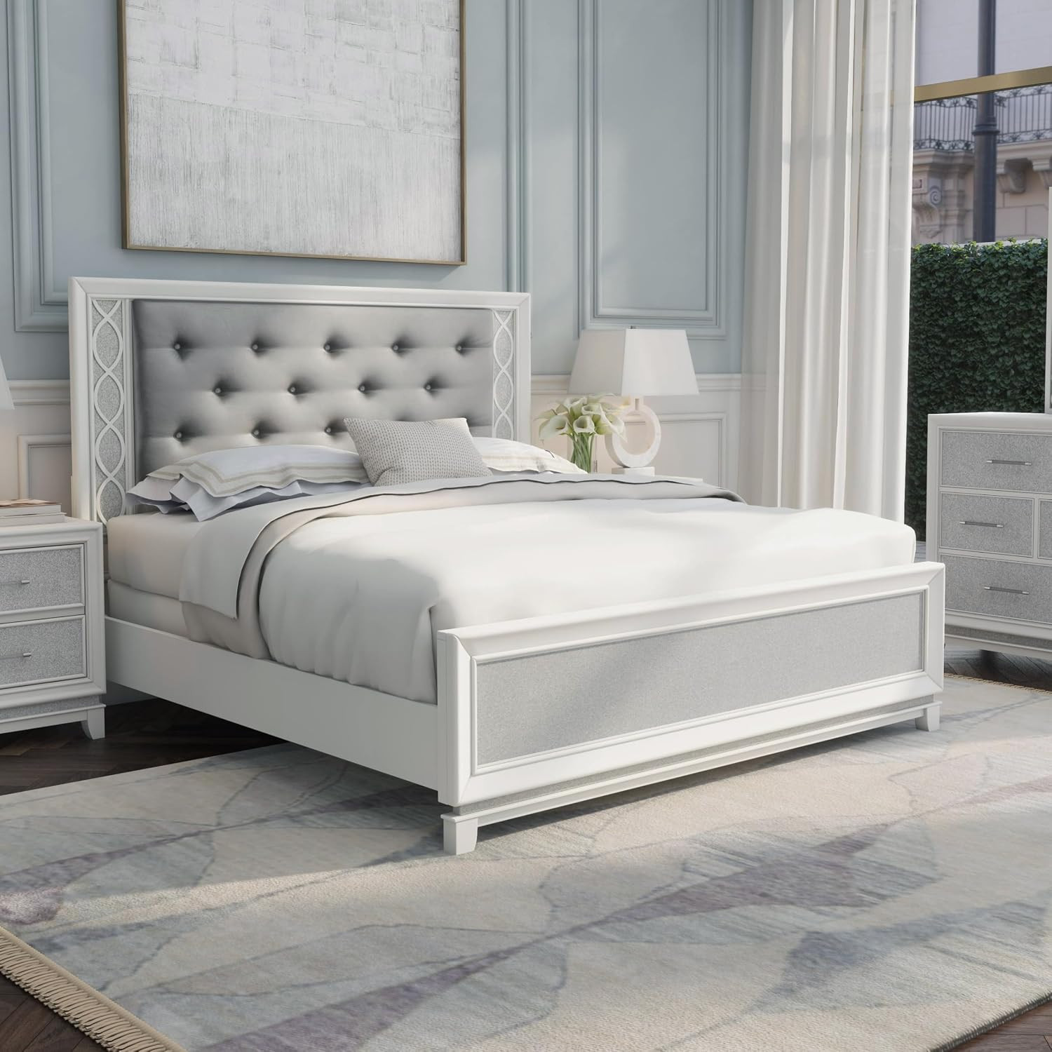 Galaxy Upholstered Tufting Panel Bed with LED Lights in Pearlized White, King
