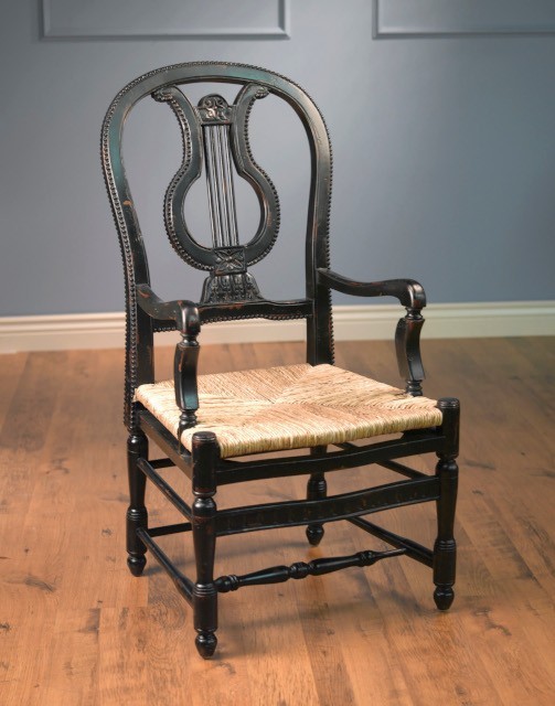 Antique Style Lyre Black Rattan Dining Armchair -25'' x 45''H