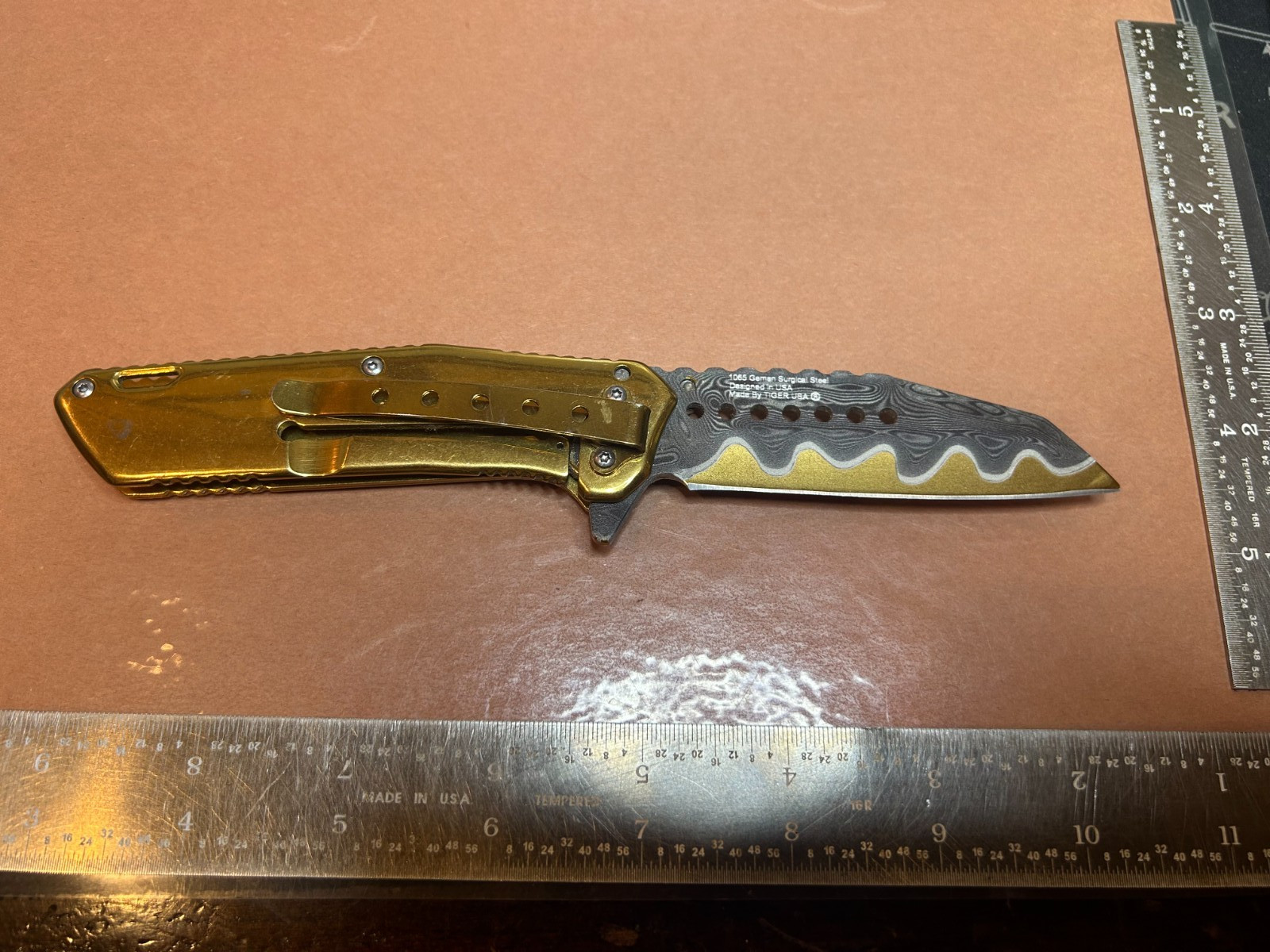 Tiger-USA 7.5" Damascus Etched Folding Knife Gold
