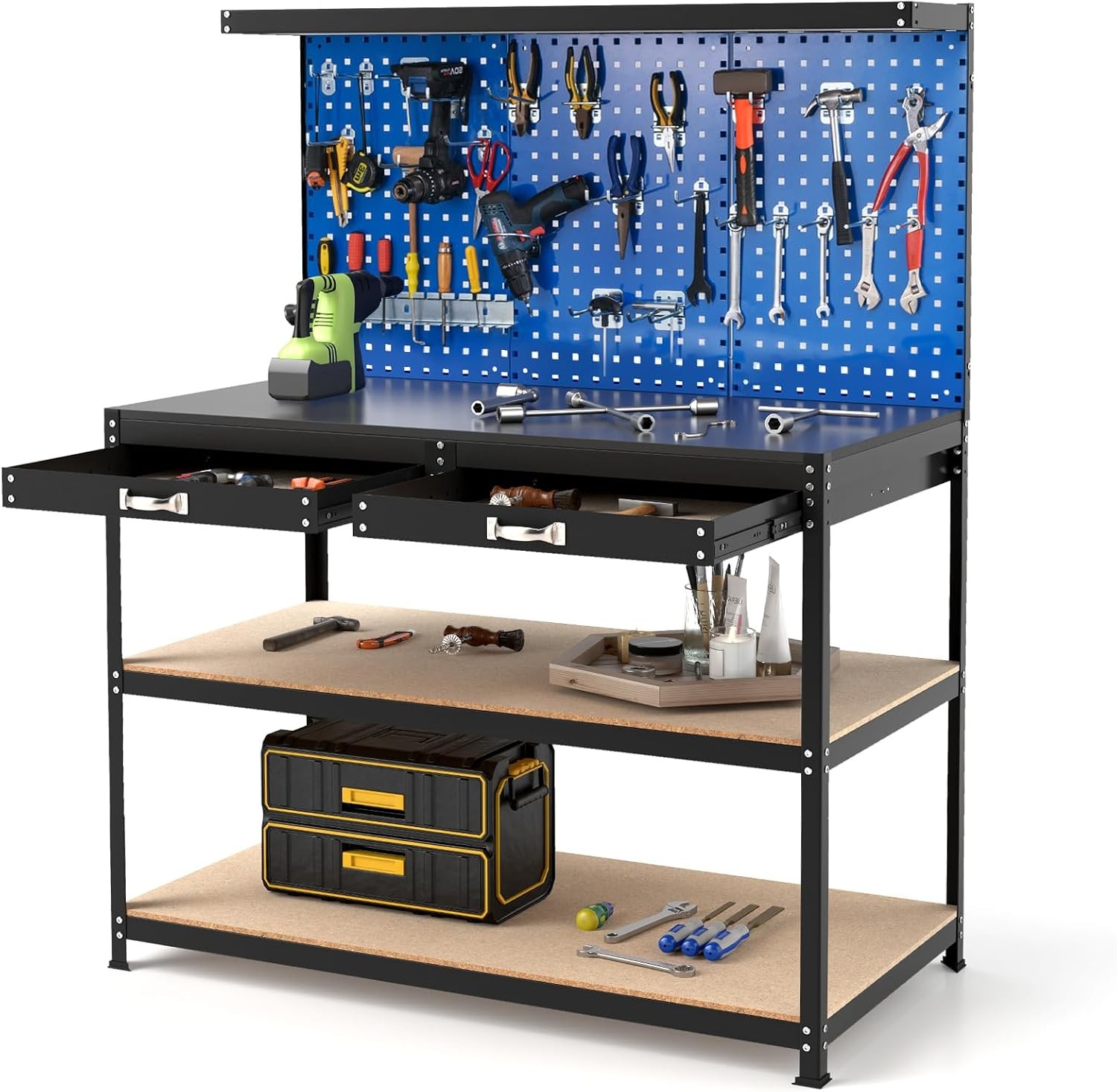 Workbench with Pegboard 48" x 24" Work Table with Drawers Open Shelves