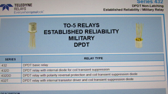 432-7467 Teledyne TO-5 Relays Established Reliability Military DPDT (Series 432)
