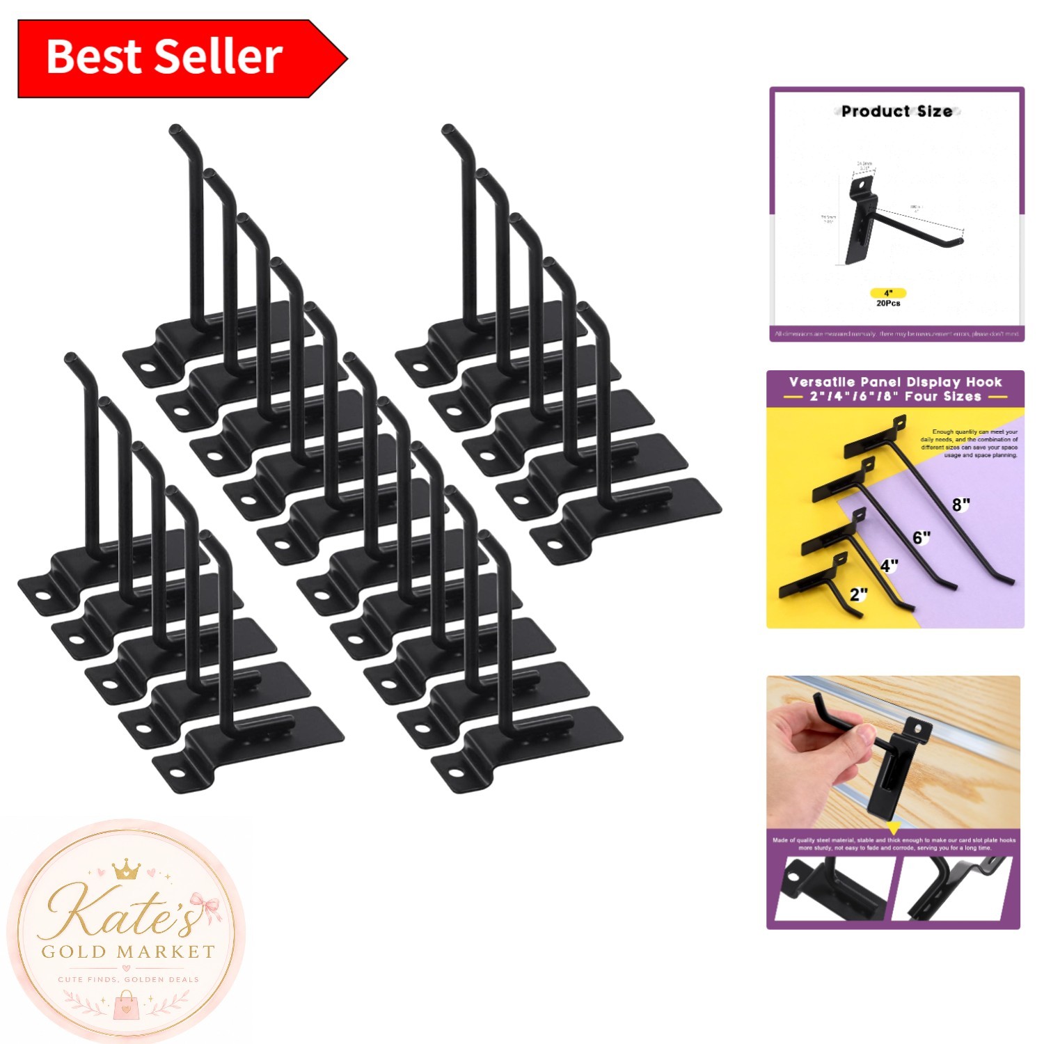 Sturdy 4-Inch Black Slatwall Hooks - 20 Piece Heavy Duty Set for Retail Displays