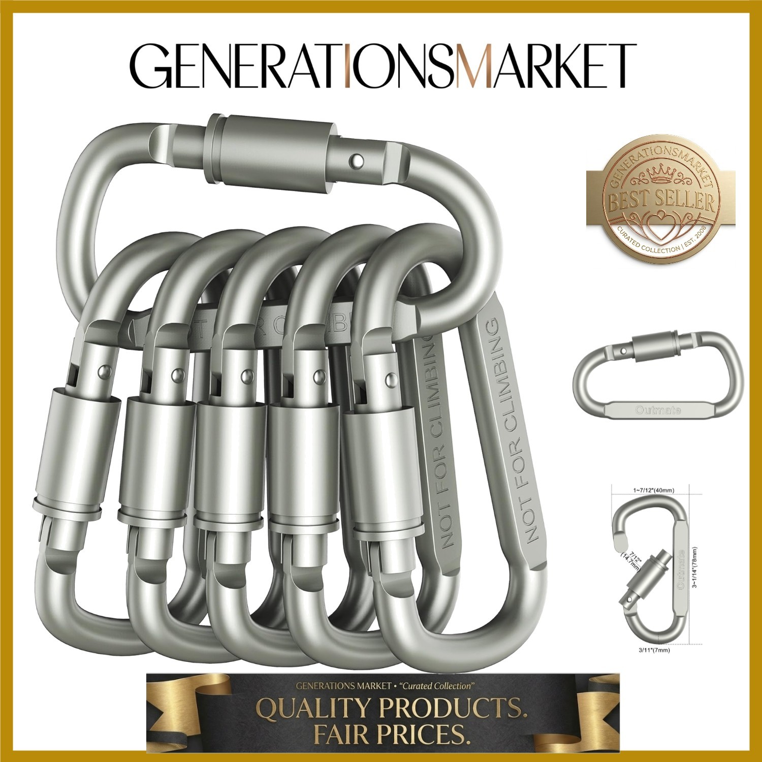 Pack of 6  Aluminum D-Ring Locking Carabiners - Lightweight & Durable